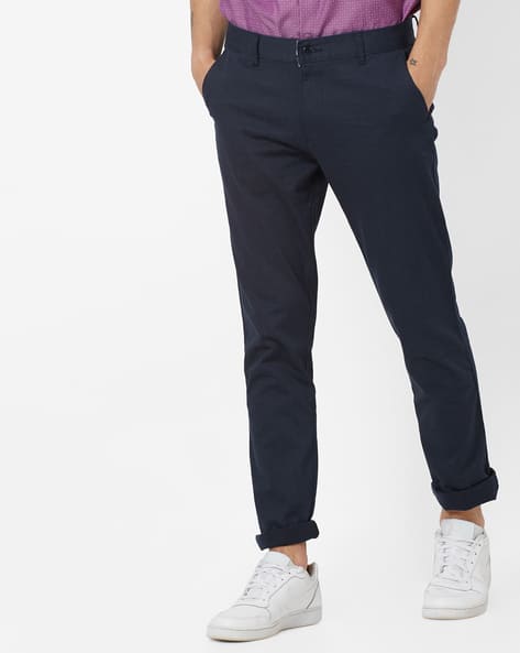 Checked Slim Fit Flat-Front Trousers By British Club ( Navyblue )