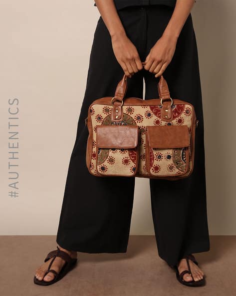 Handblock Kalamkari Kilim Vegan Leather Traveller Bag By A BIG INDIAN STORY ( Tan )