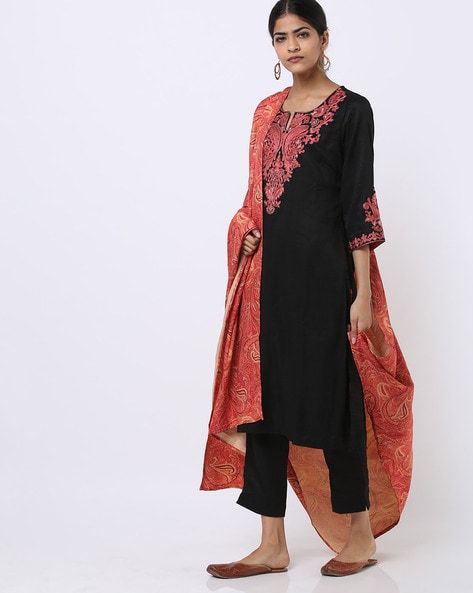 Buy Black Cotton Straight Kurta Salwar Suit Set (Kurta, Cross Yoke Salwar,  Mask) for N/A0.0 | Biba India
