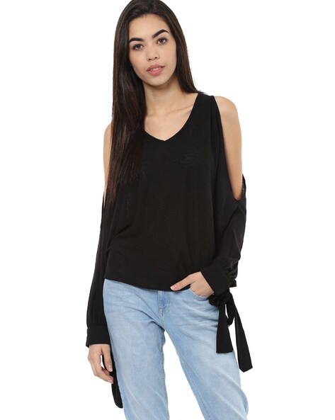 black v neck cold shoulder top