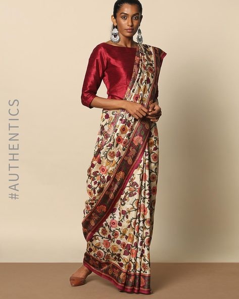 Buy Hand Kalamkari Over Pure Tussar Silk Saree With Jari Border for Party  Wear Saree Online in India - Etsy