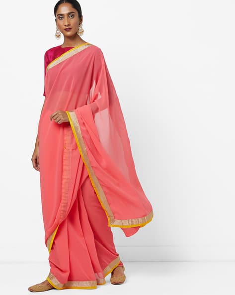 Printed Chiffon Saree With Contrast Border By Florence ( Pink )