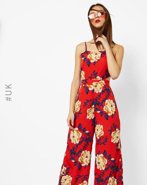 Floral Print Strappy Jumpsuit With Cutouts By INFLUENCE ( Red )