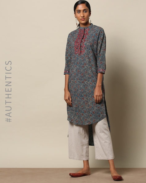 Handblock Printed Ajrak Embroidered High-Low Cotton Kurta