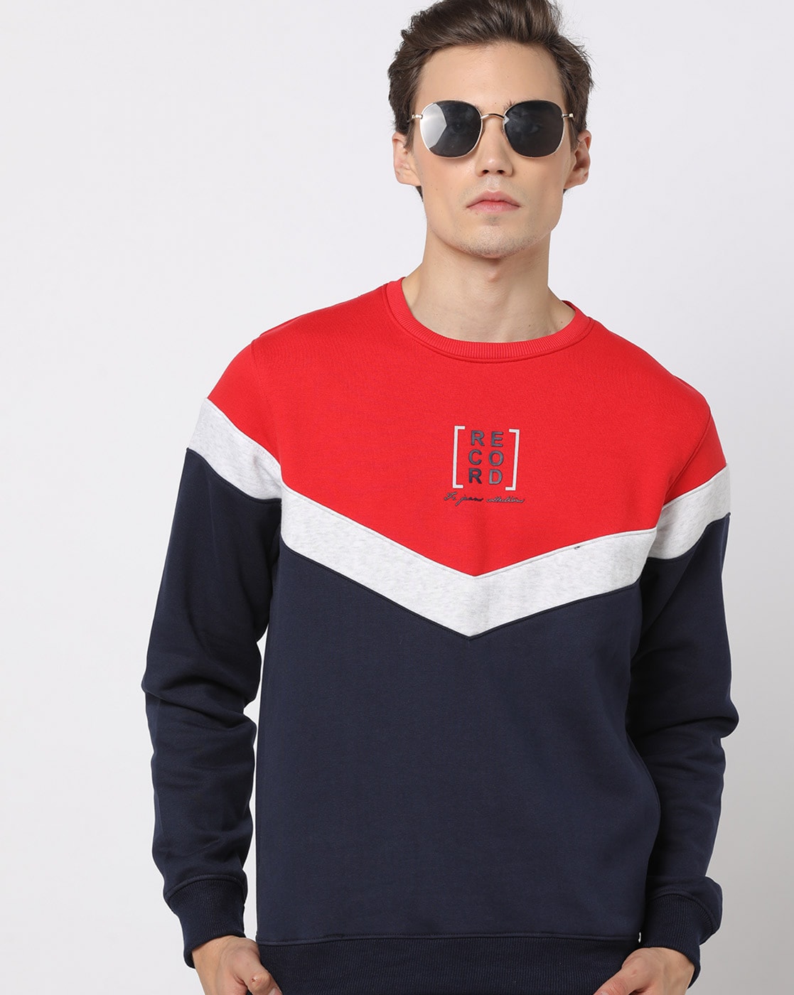 navy blue and red sweatshirt