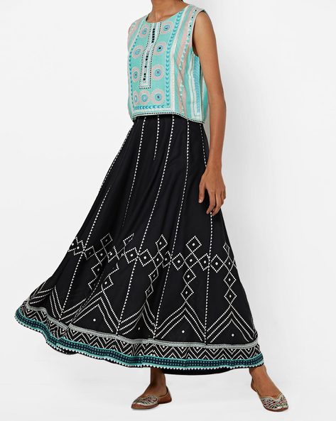 W Geometric Print Flared Maxi Skirt