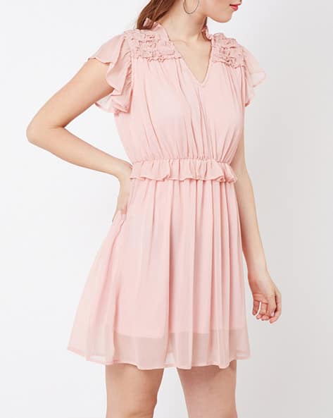 V-neck A-line Dress with Flutter Sleeves