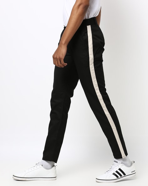 Mens black trousers on sale with side stripe