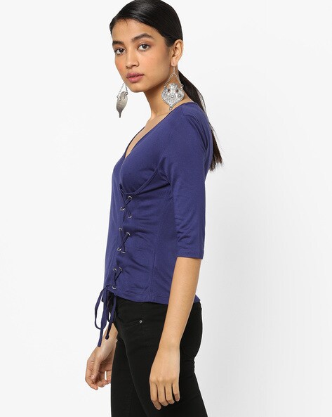 Buy KNIT BLUE LACE-TRIM FITTED T-SHIRT for Women Online in India