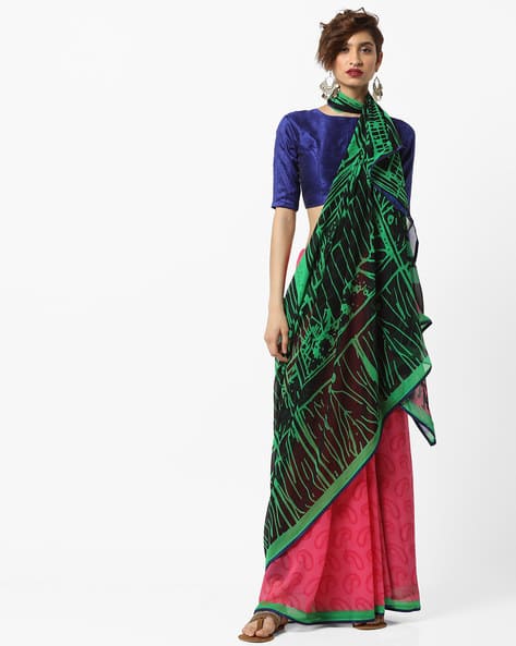 Printed Chiffon Saree With Contrast Border By Florence ( Green )