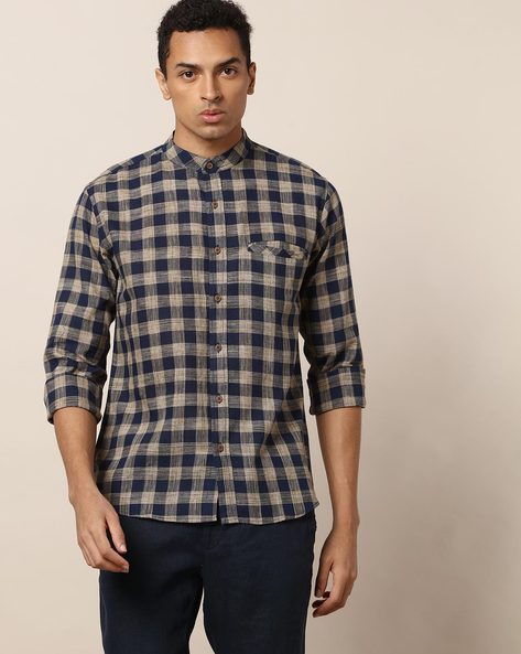 Nima South Cotton Checked Shirt with Mandarin Collar