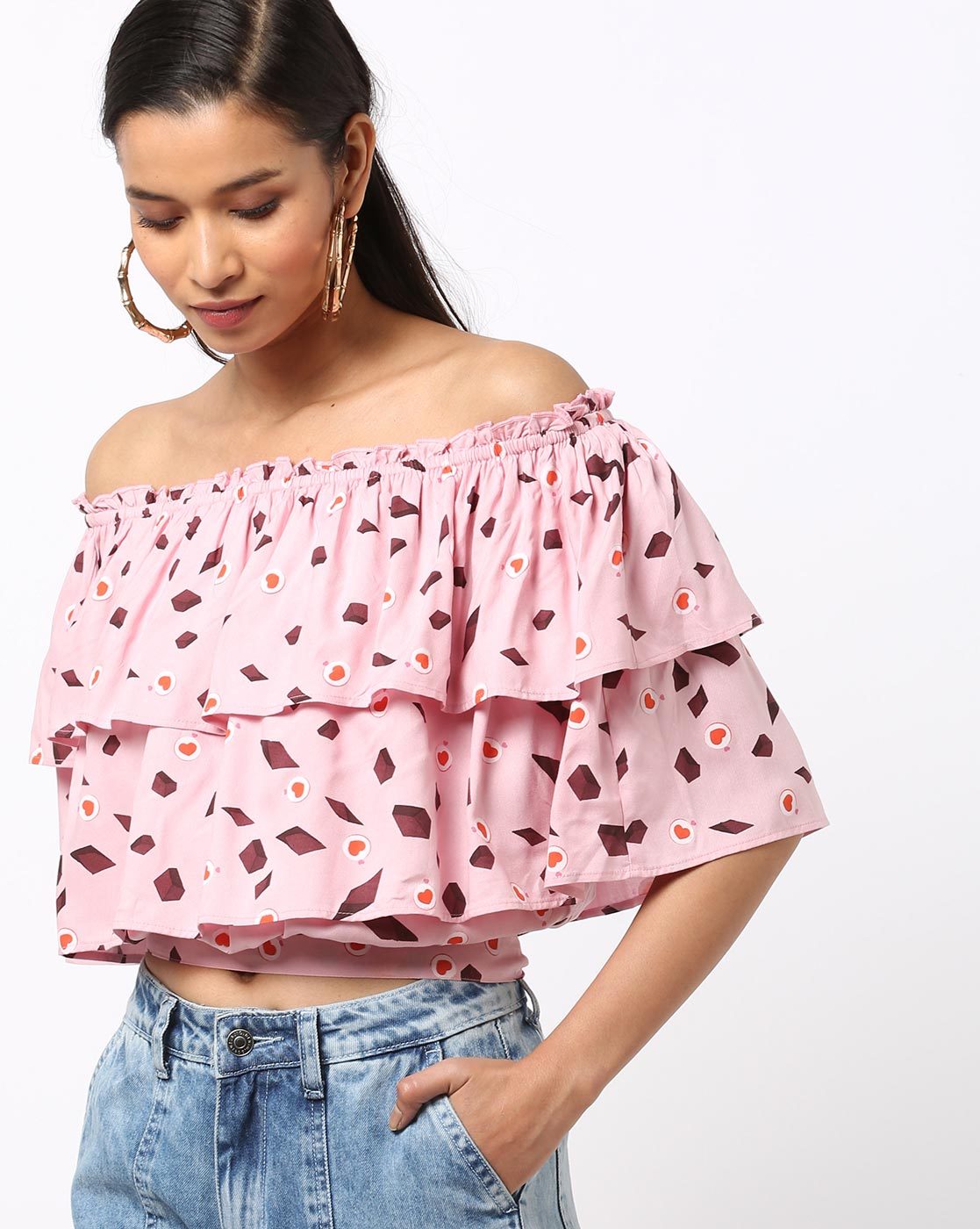 Printed Layered Off-Shoulder Top