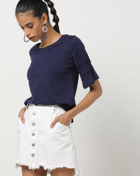 Round-Neck T-shirt with Elasticated Bell Sleeves (Image - 2)
