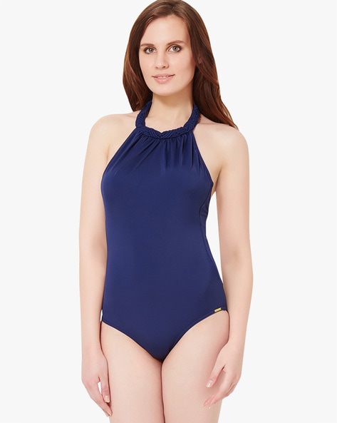 navy halter neck swimsuit