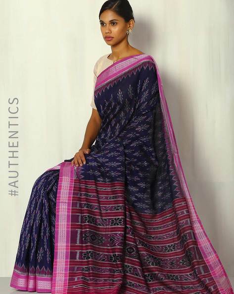 Handwoven Sambalpuri Ikat Cotton Saree in Magenta and Black – GoCoop