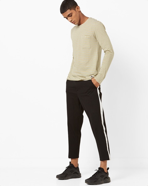 Buy HANCOCK Black Mens Slim Fit Striped Trousers  Shoppers Stop