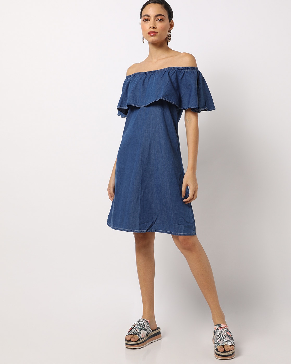 blue off the shoulder ruffle dress