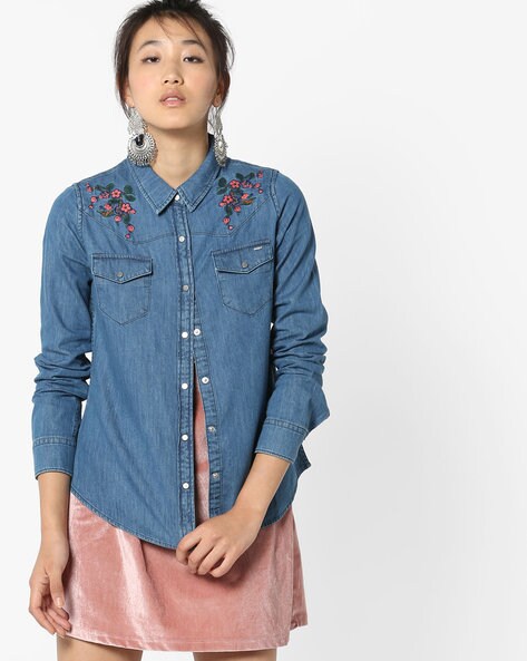 Buy online Floral Embroidered Denim Shirt from western wear for Women by  Oxolloxo for ₹599 at 65% off | 2024 Limeroad.com