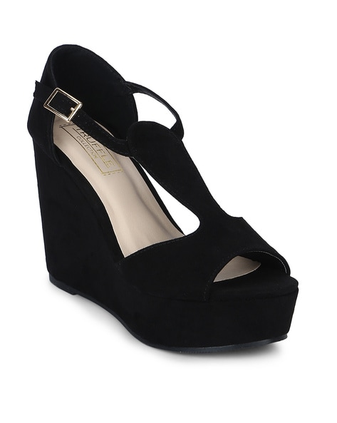 Buy online Women Solid Black Ankle Strap Wedge Heel Sandal from