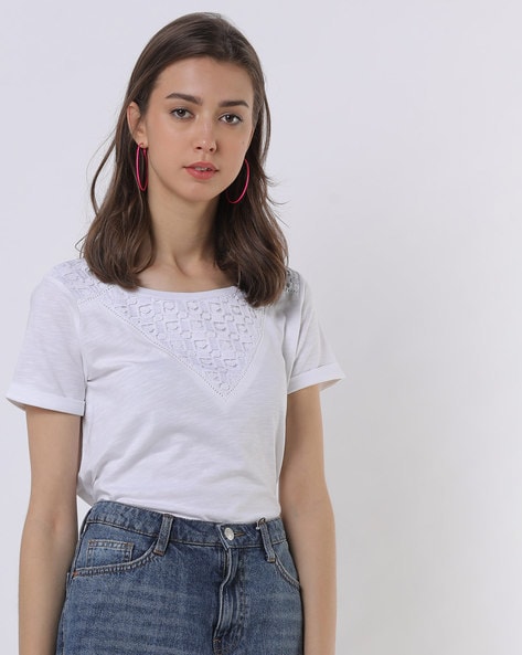 Heathered Crew-Neck Top with Lace Yoke