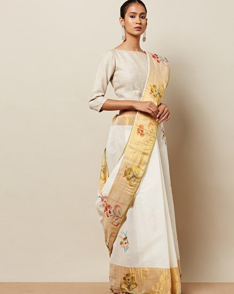 Kerala Printed Kasavu Saree with Polca Dots – Keraloom