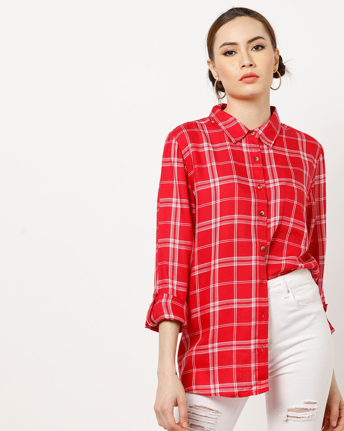 red and white checkered polo shirt