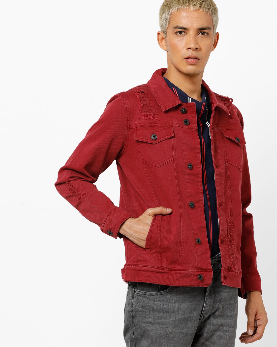 blue saint maroon denim jacket