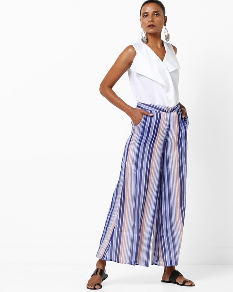 Last Chance Size Small | Out Of Line Stripe Wide Leg Pants in Navy Blue |  Trendy pieces for all shapes and sizes.