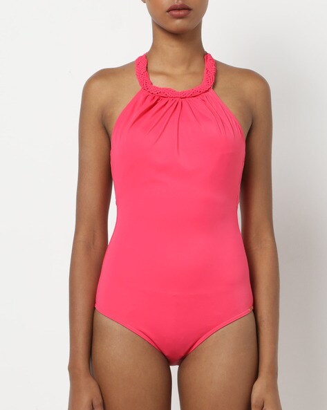 Calvin Klein Women's Solid high Neck Halter One Piece Swimsuit, Pink, 6,  Pink, 6 : : Clothing, Shoes & Accessories