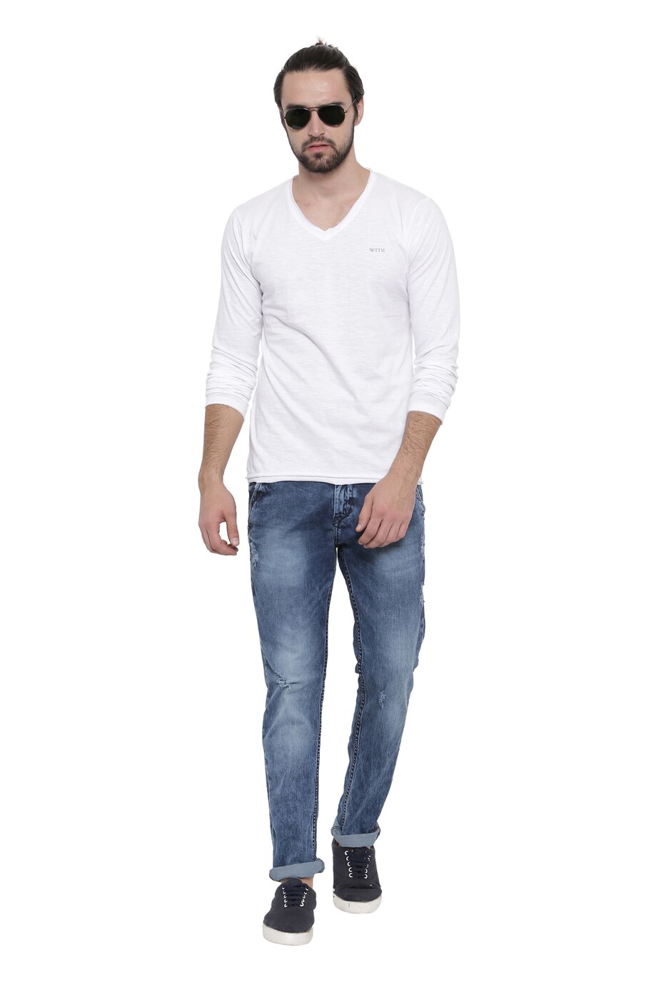 Buy White WITH Solid Slim Fit V-neck T-shirt | AJIO