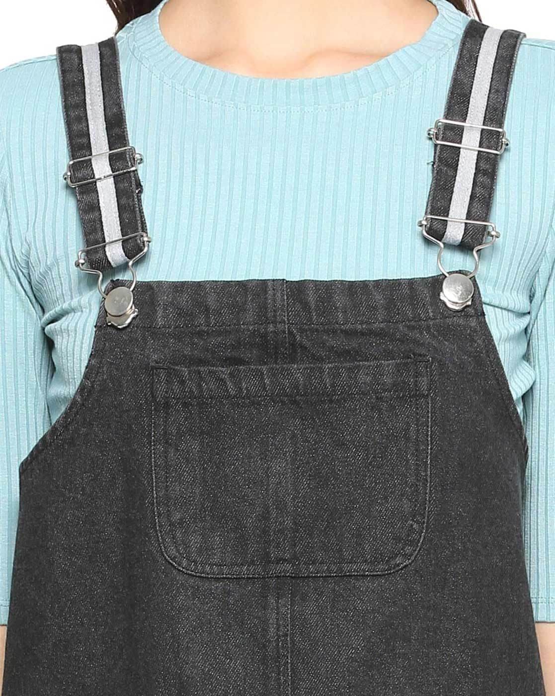 Black Denim Button Pinafore Dress | New Look