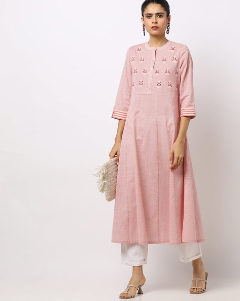 Checked A-line Kurta with Embroidered Yoke