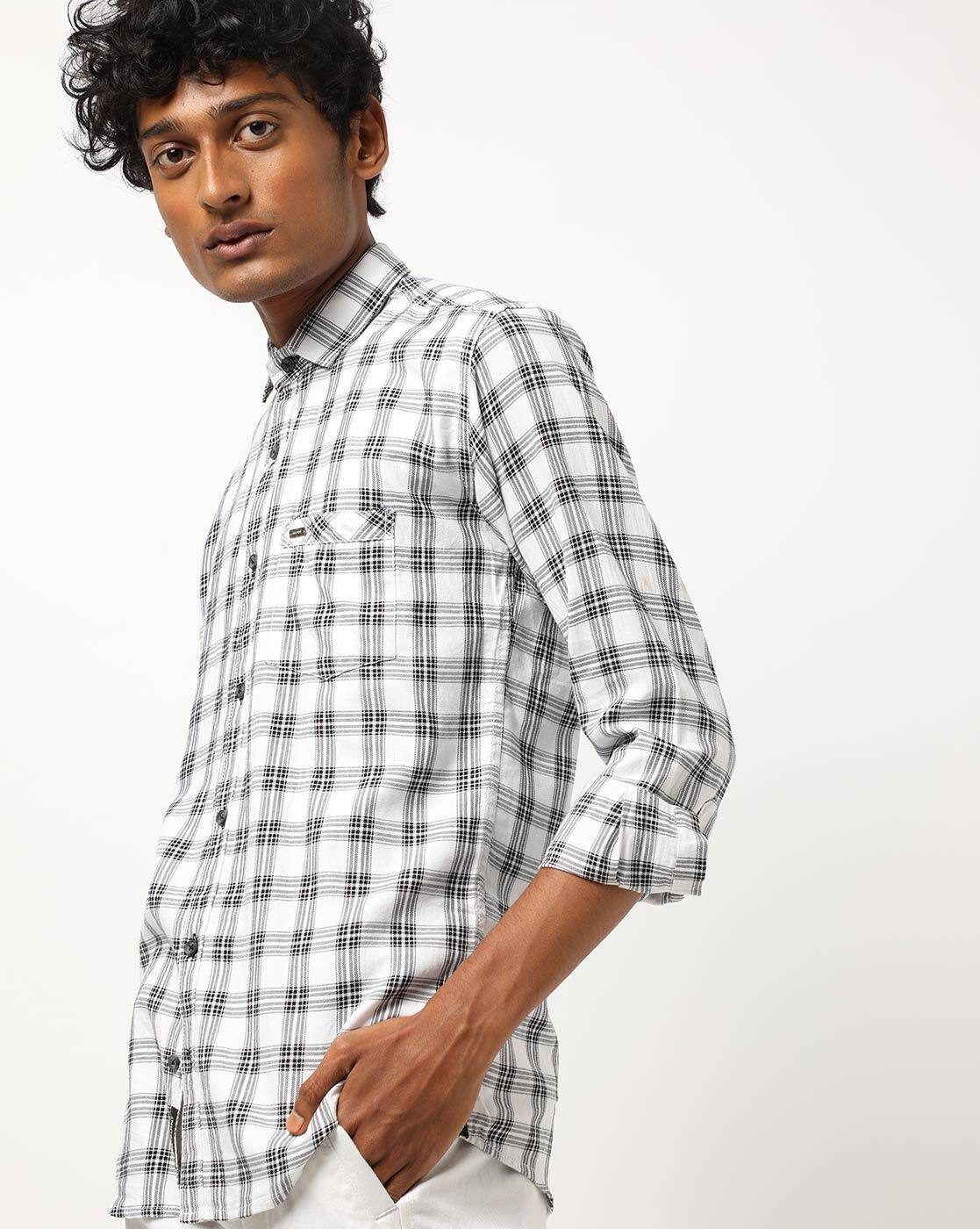 checked slim fit shirt with patch pocket