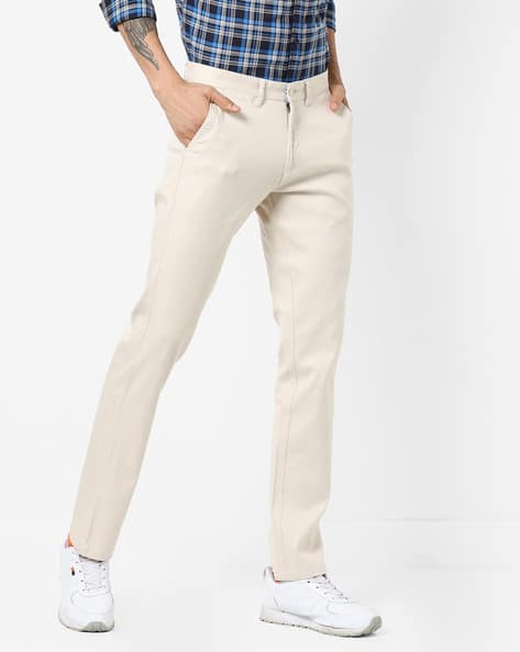Cotton Slim Fit Flat-Front Trousers By British Club ( Offwhite )