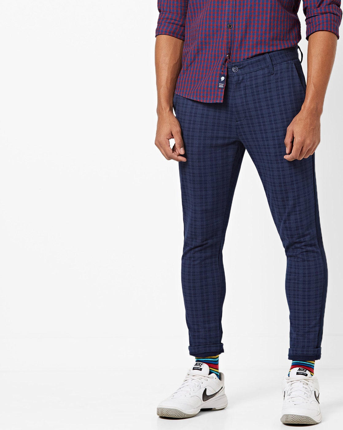 Buy Men Blue Slim Fit Checked Formal Trousers online  Looksgudin