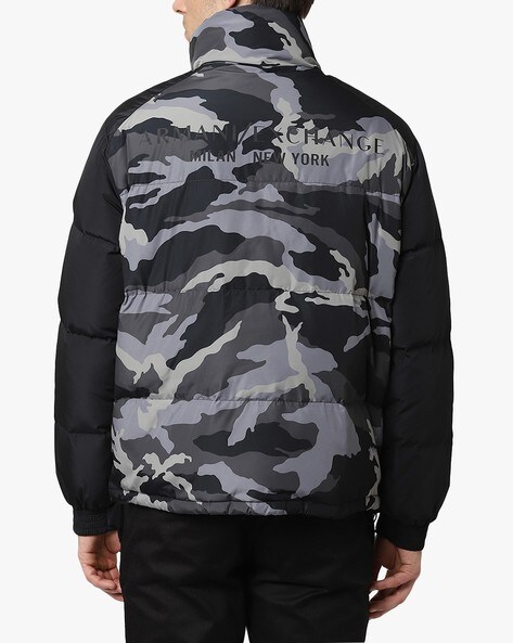 Camoflage Zip Front High Neck Puffer Jacket