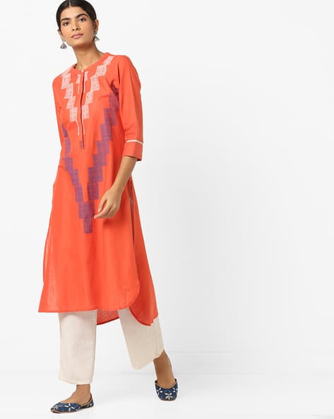 Geometric Print High-Low Straight Kurta By Global Desi ( Orange )
