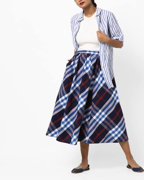 Ajio Blue Gingham Flare Skirt 76% OFF On Tokyo Talkies Women Fit