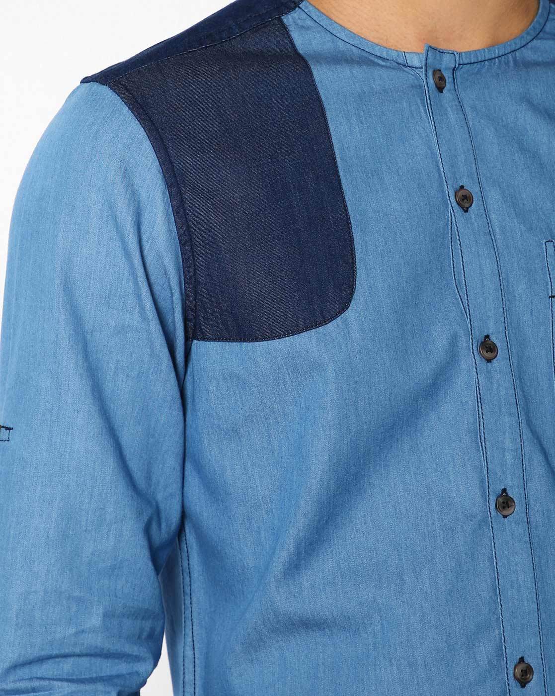 Engineered Garments  denim collarless pullover shirt  Mens shirt  dress Men shirt style Stylish shirts