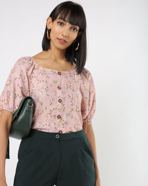 Floral Print Top with Puffed Sleeves