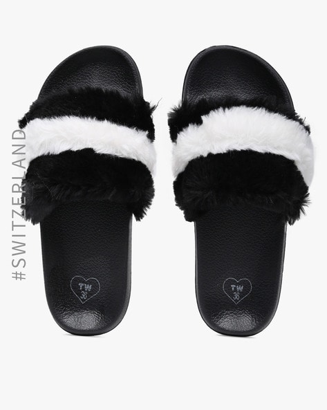 Striped Faux Fur Slides