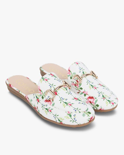Floral Print Mules with Metallic Accent