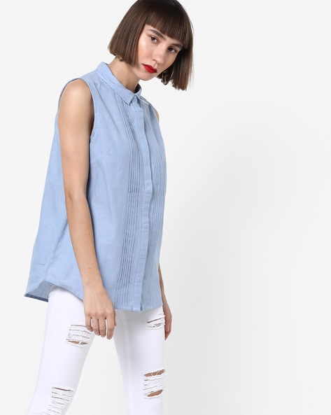 light blue sleeveless shirt