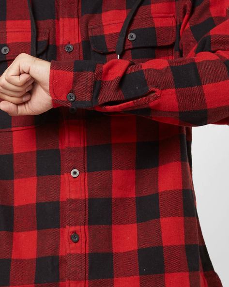 red and black check hooded shirt