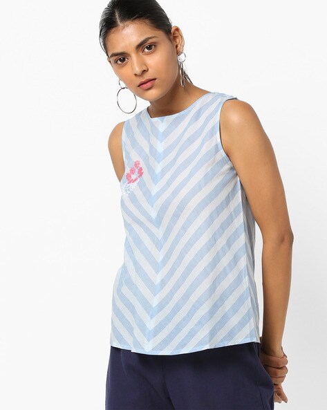 Contrast Striped Top with Embroidery