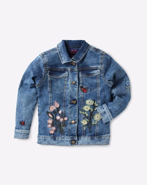 Washed Denim Jacket with Floral Embroidery