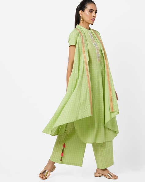 Printed Open-Front Jacket With Asymmetrical Hem By AJIO ( Lime )