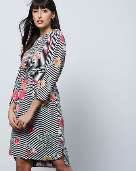 Women Floral Print Striped Shift Black Dress