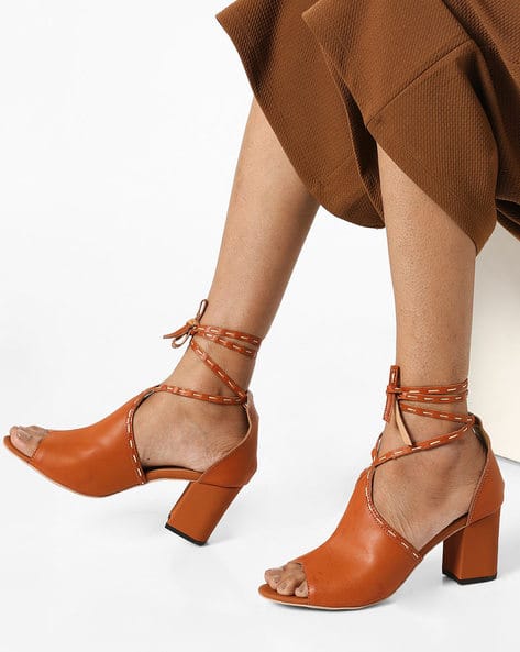 Peep-Toe Chunky Heels with Tie-Up