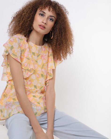 Floral Print Peplum Top with Ruffled Sleeves